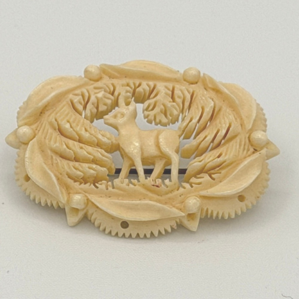 Vintage Salzburg Hand Carved Deer Brooch Cream Celluloid Woodland Pin Austrian